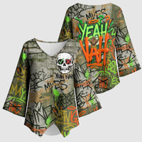 Yeah Nah Graffiti Skull New Zealand Slang Kimono Sleeve Blouse Kiwi Grunge Brick Wall and Bold Urban Street Art