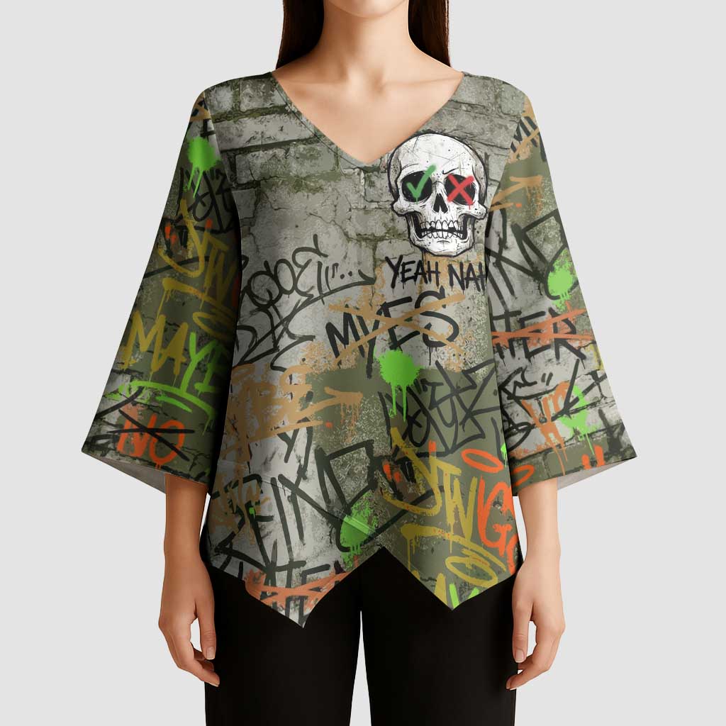 Yeah Nah Graffiti Skull New Zealand Slang Kimono Sleeve Blouse Kiwi Grunge Brick Wall and Bold Urban Street Art