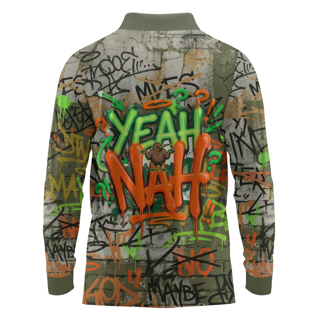 Yeah Nah Graffiti Skull New Zealand Slang Long Sleeve Polo Shirt Kiwi Grunge Brick Wall and Bold Urban Street Art