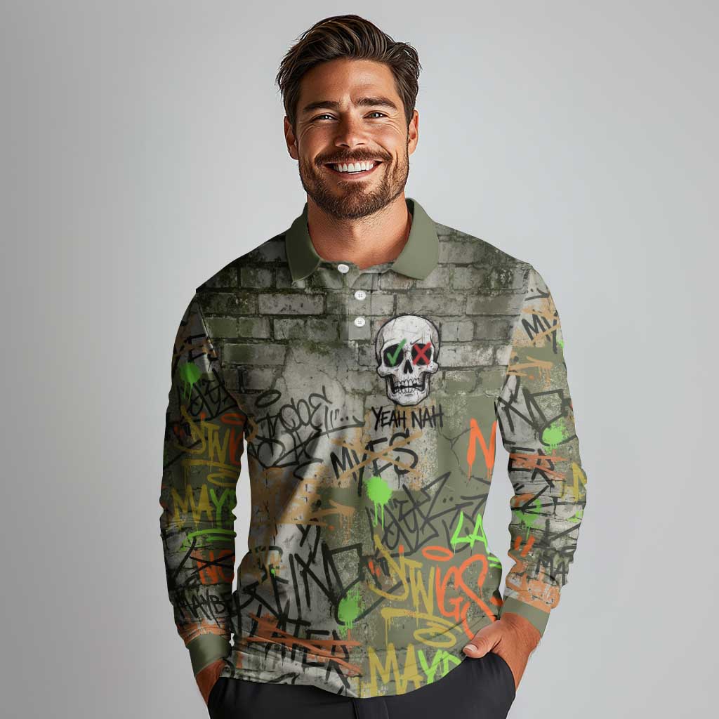 Yeah Nah Graffiti Skull New Zealand Slang Long Sleeve Polo Shirt Kiwi Grunge Brick Wall and Bold Urban Street Art