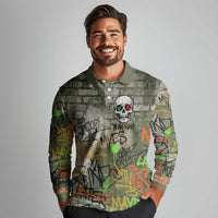 Yeah Nah Graffiti Skull New Zealand Slang Long Sleeve Polo Shirt Kiwi Grunge Brick Wall and Bold Urban Street Art