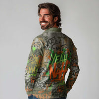 Yeah Nah Graffiti Skull New Zealand Slang Long Sleeve Polo Shirt Kiwi Grunge Brick Wall and Bold Urban Street Art