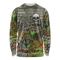 Yeah Nah Graffiti Skull New Zealand Slang Long Sleeve Shirt Kiwi Grunge Brick Wall and Bold Urban Street Art