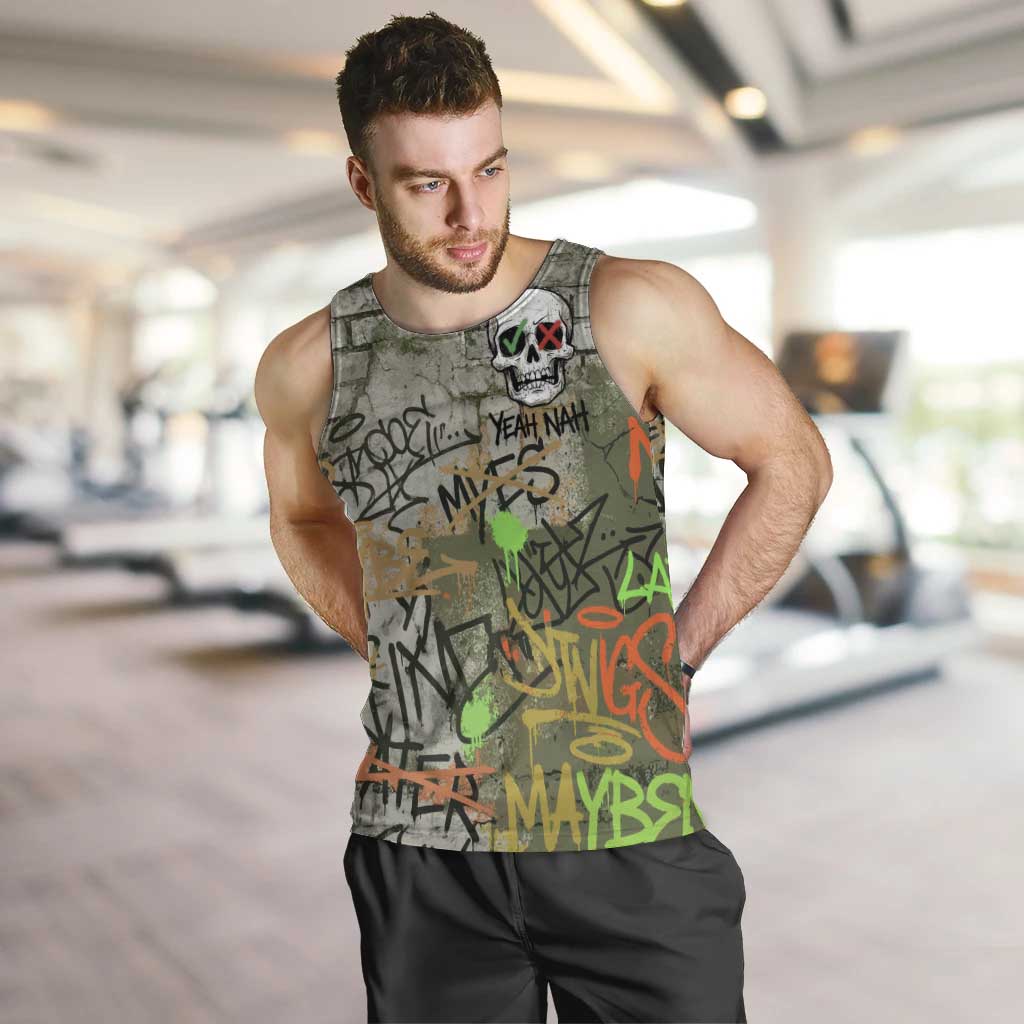 Yeah Nah Graffiti Skull New Zealand Slang Men Tank Top Kiwi Grunge Brick Wall and Bold Urban Street Art