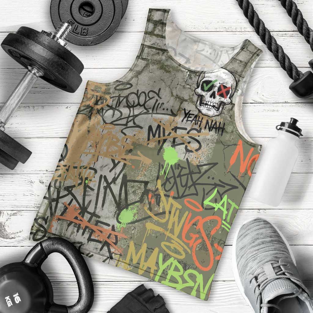 Yeah Nah Graffiti Skull New Zealand Slang Men Tank Top Kiwi Grunge Brick Wall and Bold Urban Street Art