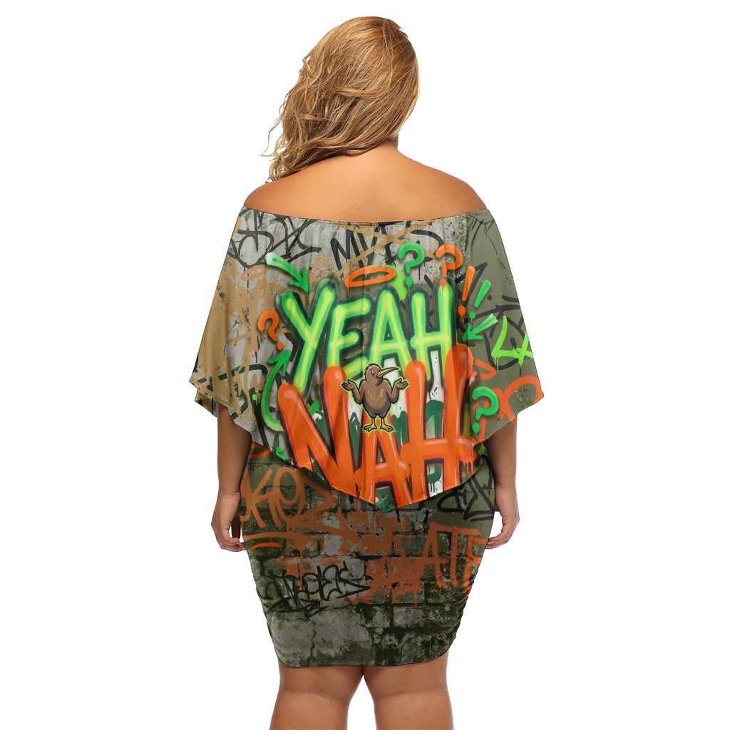 Yeah Nah Graffiti Skull New Zealand Slang Off Shoulder Short Dress Kiwi Grunge Brick Wall and Bold Urban Street Art