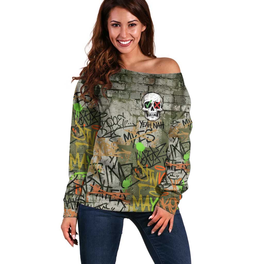 Yeah Nah Graffiti Skull New Zealand Slang Off Shoulder Sweater Kiwi Grunge Brick Wall and Bold Urban Street Art