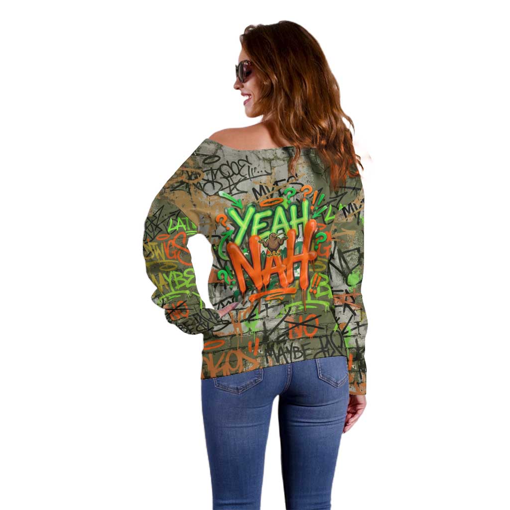Yeah Nah Graffiti Skull New Zealand Slang Off Shoulder Sweater Kiwi Grunge Brick Wall and Bold Urban Street Art