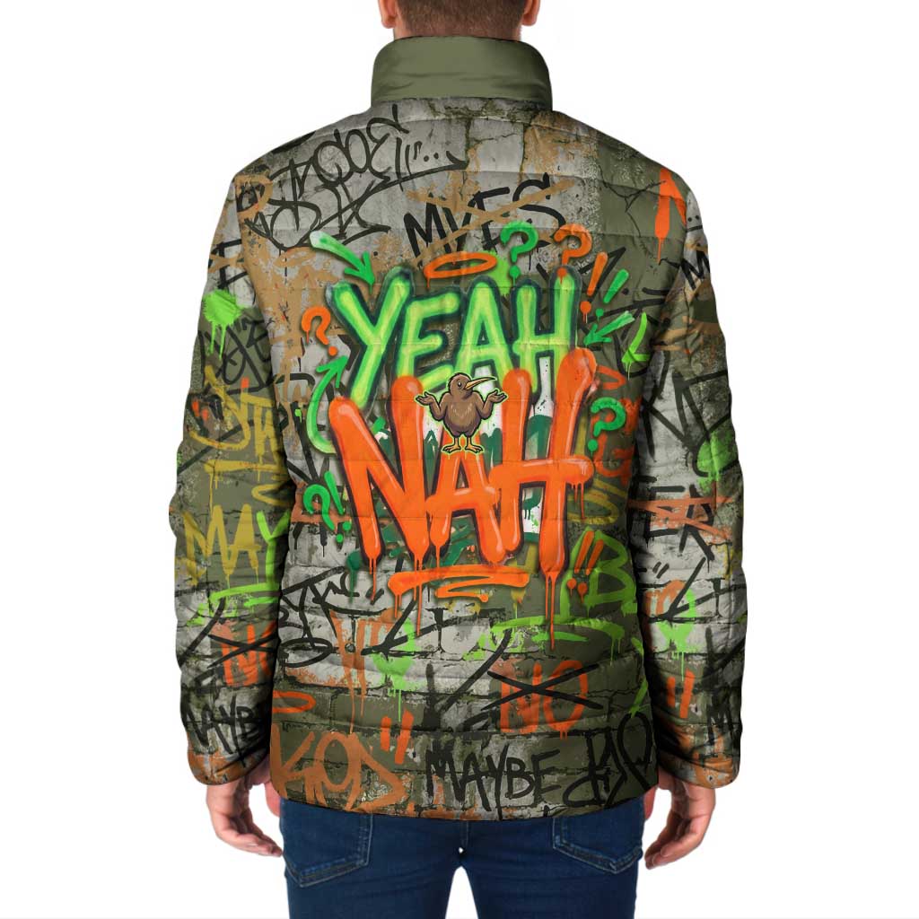 Yeah Nah Graffiti Skull New Zealand Slang Padded Jacket Kiwi Grunge Brick Wall and Bold Urban Street Art