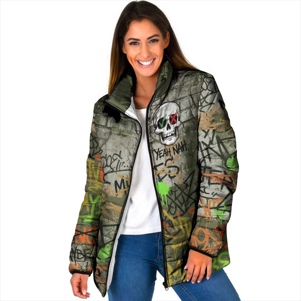 Yeah Nah Graffiti Skull New Zealand Slang Padded Jacket Kiwi Grunge Brick Wall and Bold Urban Street Art