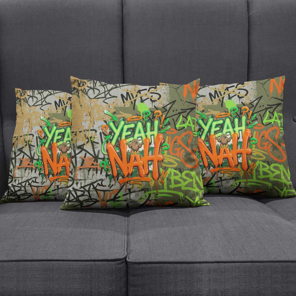 Yeah Nah Graffiti Skull New Zealand Slang Pillow Cover Kiwi Grunge Brick Wall and Bold Urban Street Art