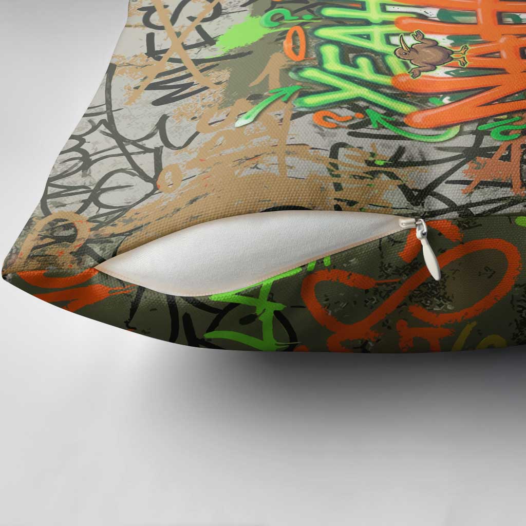 Yeah Nah Graffiti Skull New Zealand Slang Pillow Cover Kiwi Grunge Brick Wall and Bold Urban Street Art