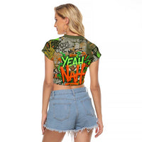 Yeah Nah Graffiti Skull New Zealand Slang Raglan Cropped T Shirt Kiwi Grunge Brick Wall and Bold Urban Street Art