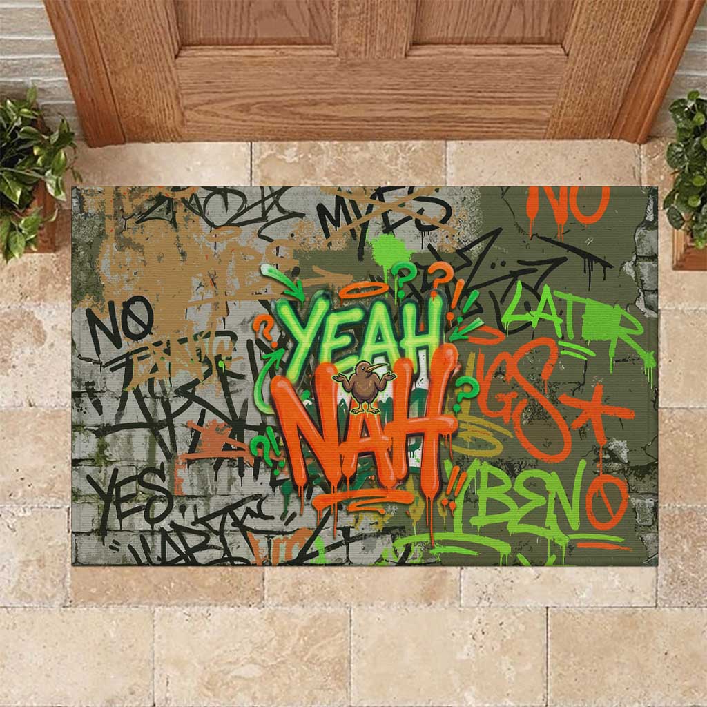 Yeah Nah Graffiti Skull New Zealand Slang Rubber Doormat Kiwi Grunge Brick Wall and Bold Urban Street Art