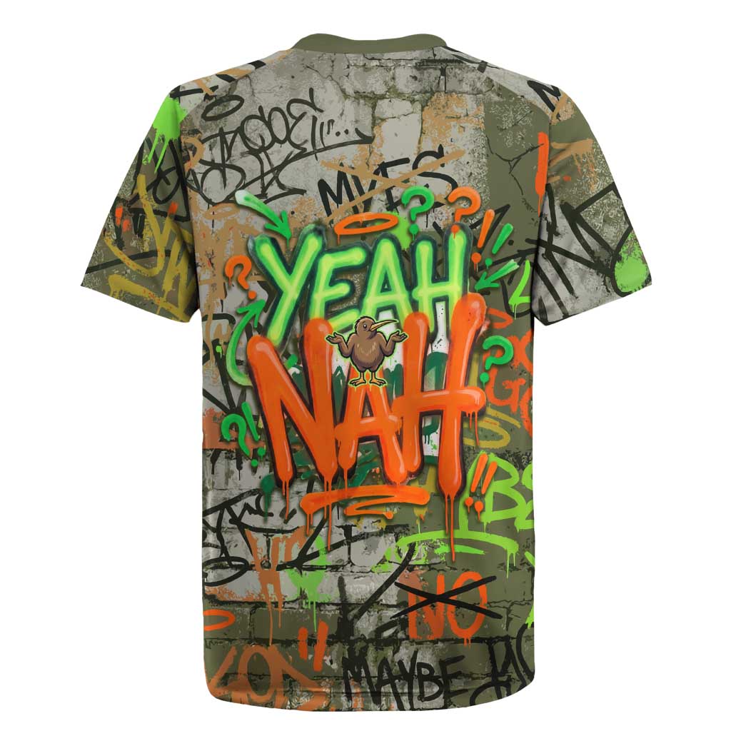 Yeah Nah Graffiti Skull New Zealand Slang Rugby Jersey Kiwi Grunge Brick Wall and Bold Urban Street Art