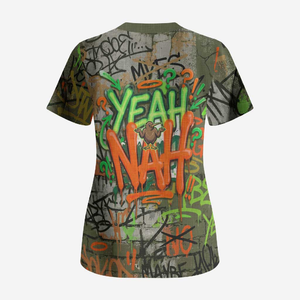Yeah Nah Graffiti Skull New Zealand Slang Scrub Top Kiwi Grunge Brick Wall and Bold Urban Street Art