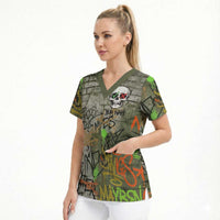 Yeah Nah Graffiti Skull New Zealand Slang Scrub Top Kiwi Grunge Brick Wall and Bold Urban Street Art