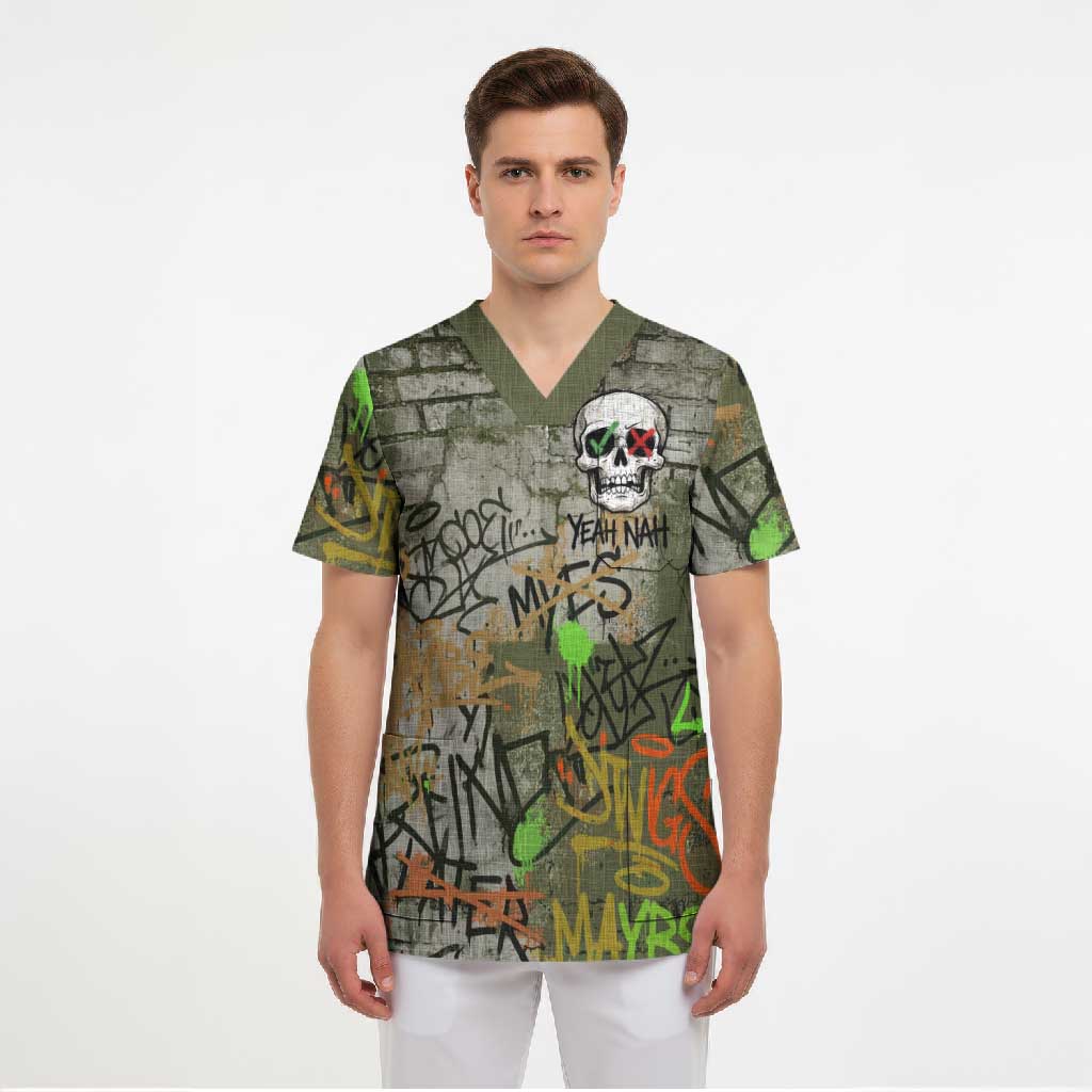 Yeah Nah Graffiti Skull New Zealand Slang Scrub Top Kiwi Grunge Brick Wall and Bold Urban Street Art
