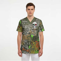 Yeah Nah Graffiti Skull New Zealand Slang Scrub Top Kiwi Grunge Brick Wall and Bold Urban Street Art