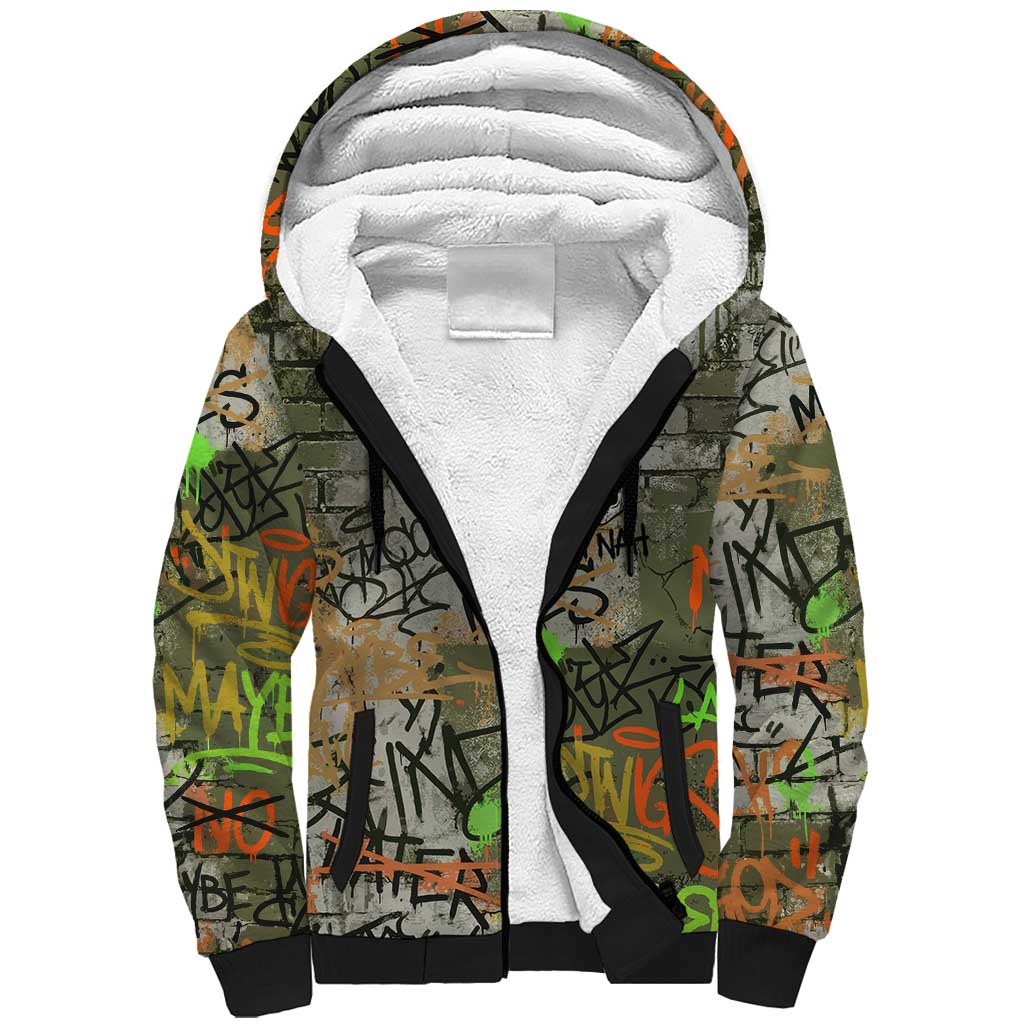 Yeah Nah Graffiti Skull New Zealand Slang Sherpa Hoodie Kiwi Grunge Brick Wall and Bold Urban Street Art