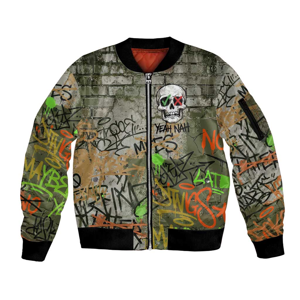 Yeah Nah Graffiti Skull New Zealand Slang Sleeve Zip Bomber Jacket Kiwi Grunge Brick Wall and Bold Urban Street Art