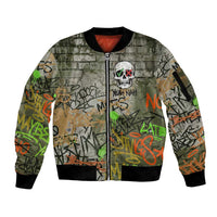 Yeah Nah Graffiti Skull New Zealand Slang Sleeve Zip Bomber Jacket Kiwi Grunge Brick Wall and Bold Urban Street Art