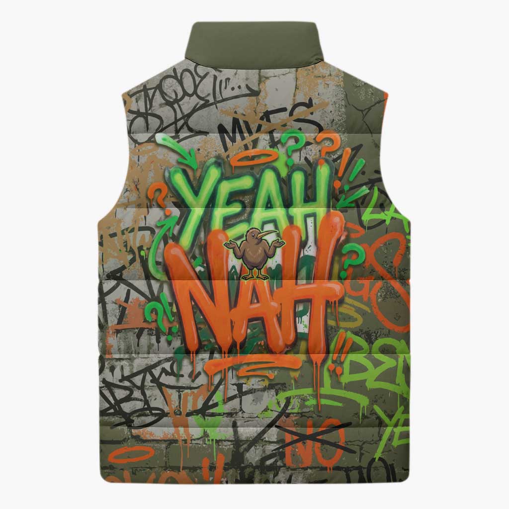 Yeah Nah Graffiti Skull New Zealand Slang Sleeveless Puffer Jacket Kiwi Grunge Brick Wall and Bold Urban Street Art
