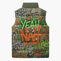Yeah Nah Graffiti Skull New Zealand Slang Sleeveless Puffer Jacket Kiwi Grunge Brick Wall and Bold Urban Street Art