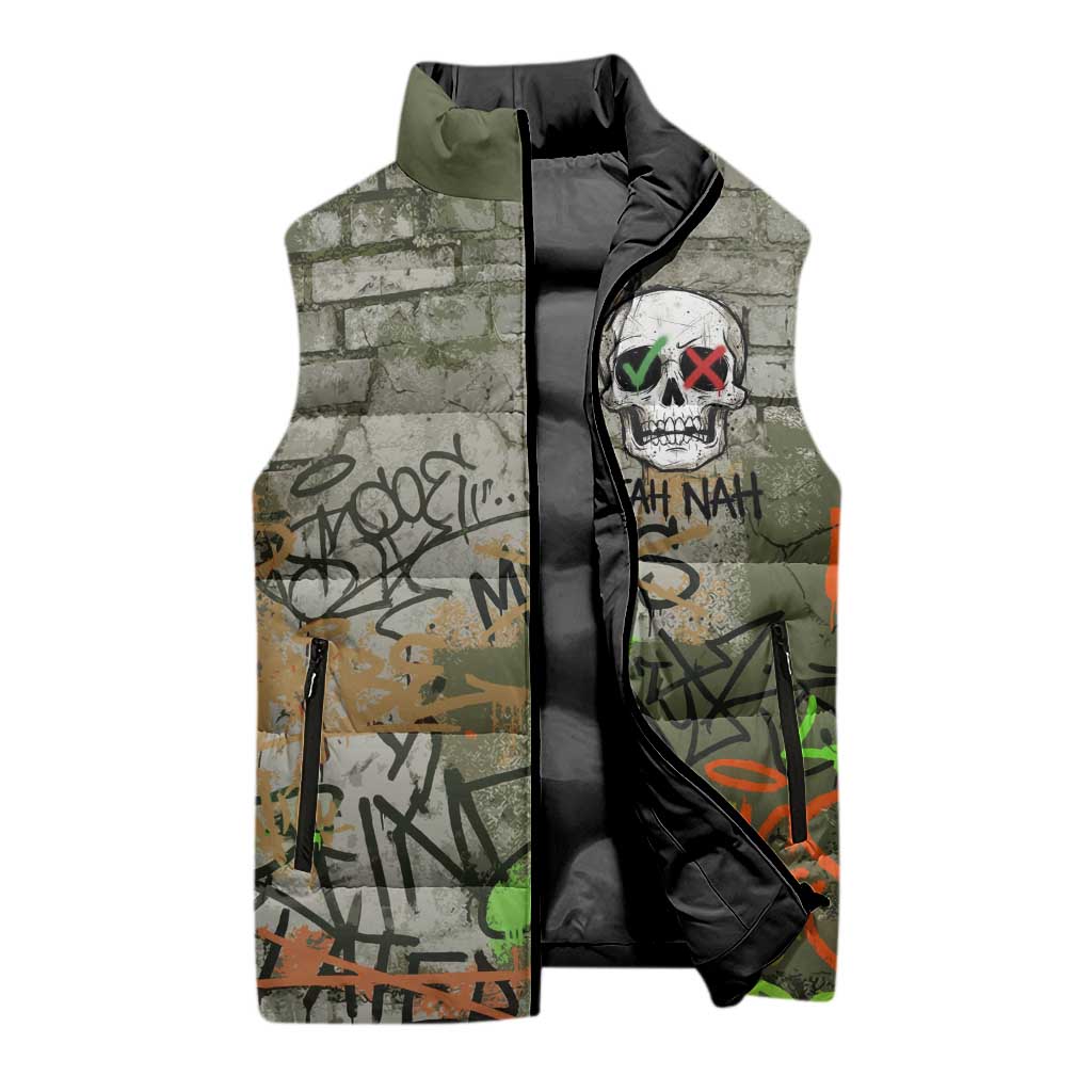 Yeah Nah Graffiti Skull New Zealand Slang Sleeveless Puffer Jacket Kiwi Grunge Brick Wall and Bold Urban Street Art