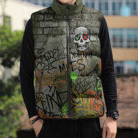 Yeah Nah Graffiti Skull New Zealand Slang Sleeveless Puffer Jacket Kiwi Grunge Brick Wall and Bold Urban Street Art