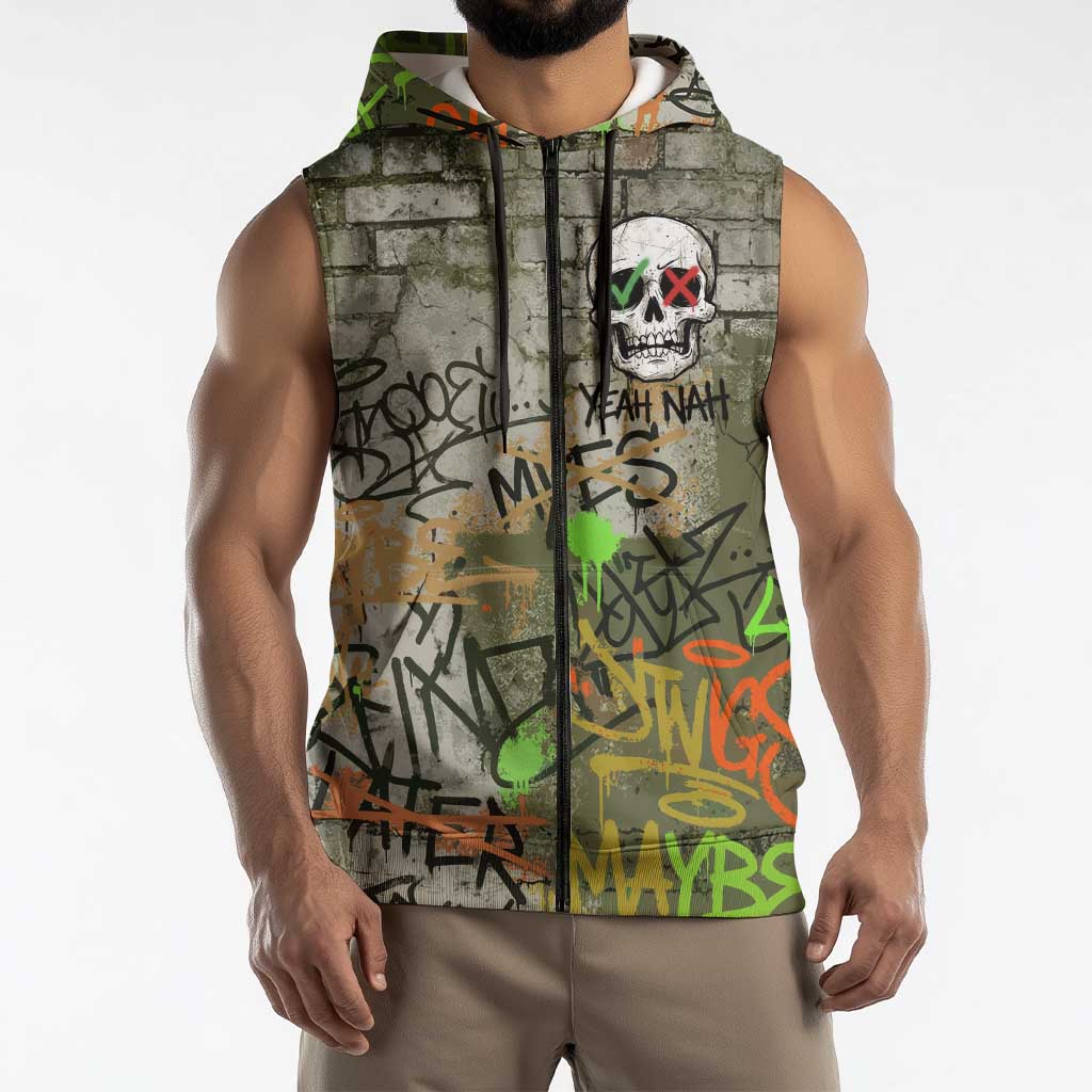 Yeah Nah Graffiti Skull New Zealand Slang Sleeveless Zip Hoodie Kiwi Grunge Brick Wall and Bold Urban Street Art