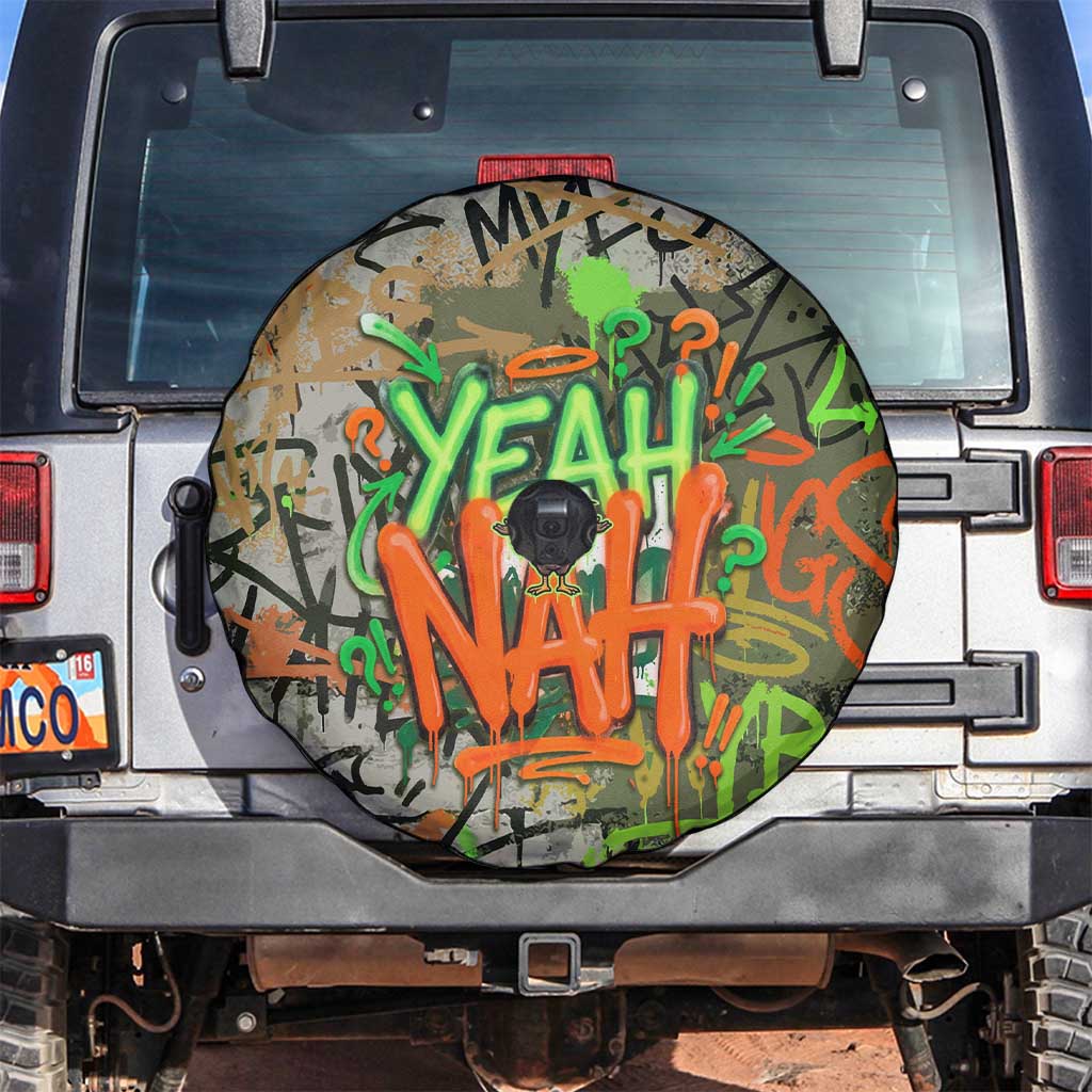 Yeah Nah Graffiti Skull New Zealand Slang Spare Tire Cover Kiwi Grunge Brick Wall and Bold Urban Street Art