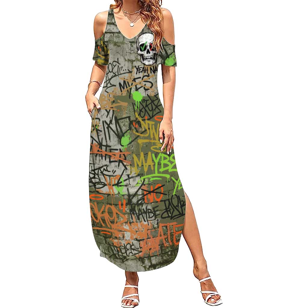 Yeah Nah Graffiti Skull New Zealand Slang Summer Maxi Dress Kiwi Grunge Brick Wall and Bold Urban Street Art