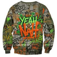 Yeah Nah Graffiti Skull New Zealand Slang Sweatshirt Kiwi Grunge Brick Wall and Bold Urban Street Art