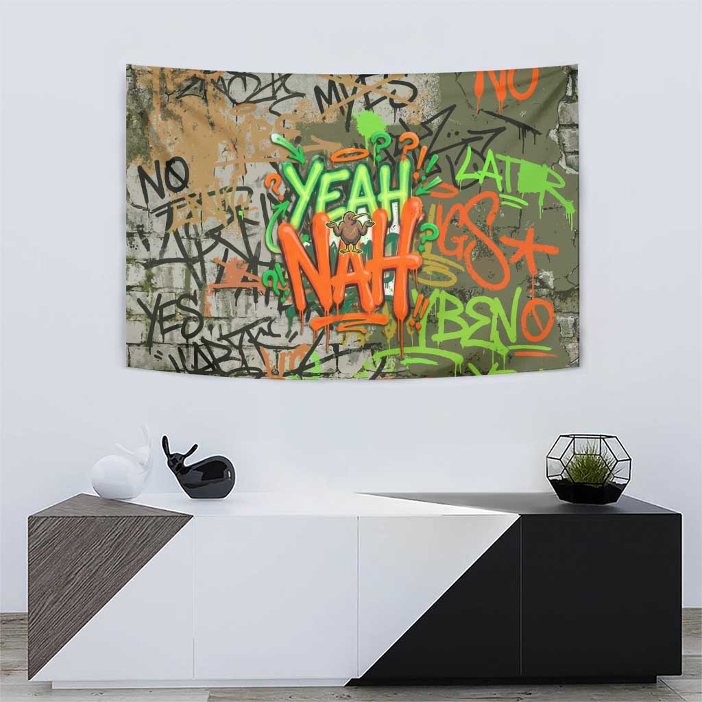 Yeah Nah Graffiti Skull New Zealand Slang Tapestry Kiwi Grunge Brick Wall and Bold Urban Street Art