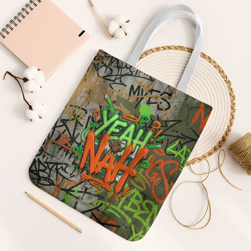 Yeah Nah Graffiti Skull New Zealand Slang Tote Bag Kiwi Grunge Brick Wall and Bold Urban Street Art