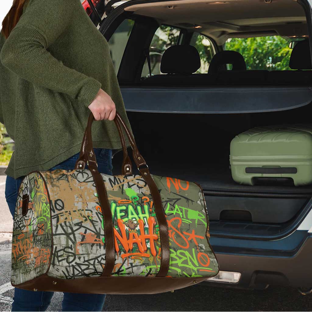 Yeah Nah Graffiti Skull New Zealand Slang Travel Bag Kiwi Grunge Brick Wall and Bold Urban Street Art