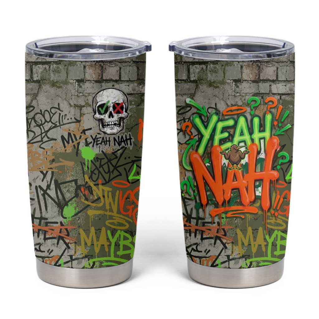 Yeah Nah Graffiti Skull New Zealand Slang Tumbler Cup Kiwi Grunge Brick Wall and Bold Urban Street Art