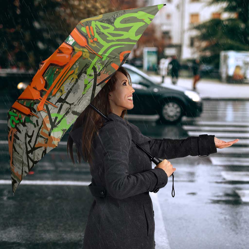 Yeah Nah Graffiti Skull New Zealand Slang Umbrella Kiwi Grunge Brick Wall and Bold Urban Street Art