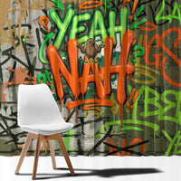 Yeah Nah Graffiti Skull New Zealand Slang Window Curtain Kiwi Grunge Brick Wall and Bold Urban Street Art