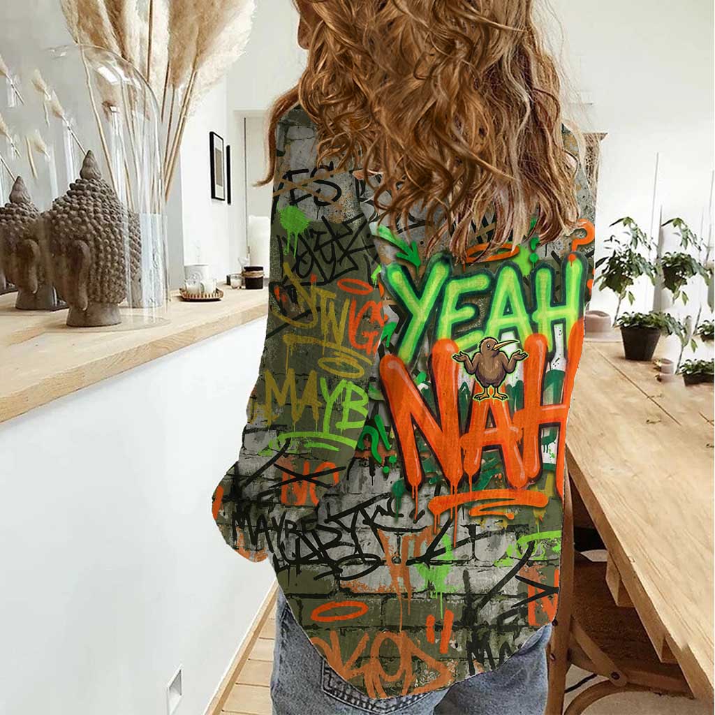 Yeah Nah Graffiti Skull New Zealand Slang Women Casual Shirt Kiwi Grunge Brick Wall and Bold Urban Street Art