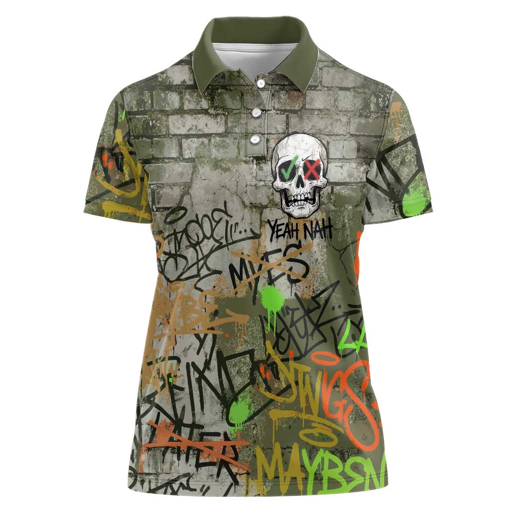 Yeah Nah Graffiti Skull New Zealand Slang Women Polo Shirt Kiwi Grunge Brick Wall and Bold Urban Street Art