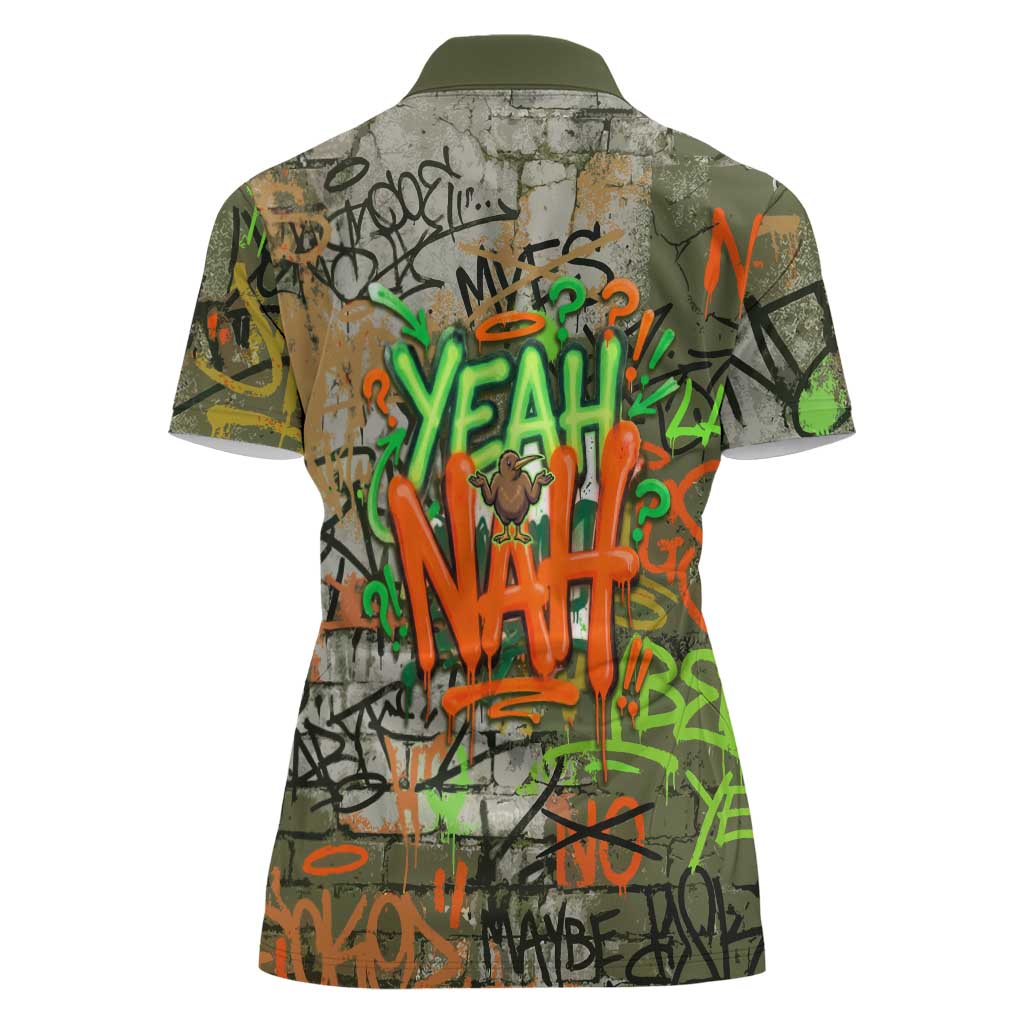 Yeah Nah Graffiti Skull New Zealand Slang Women Polo Shirt Kiwi Grunge Brick Wall and Bold Urban Street Art