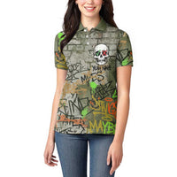 Yeah Nah Graffiti Skull New Zealand Slang Women Polo Shirt Kiwi Grunge Brick Wall and Bold Urban Street Art