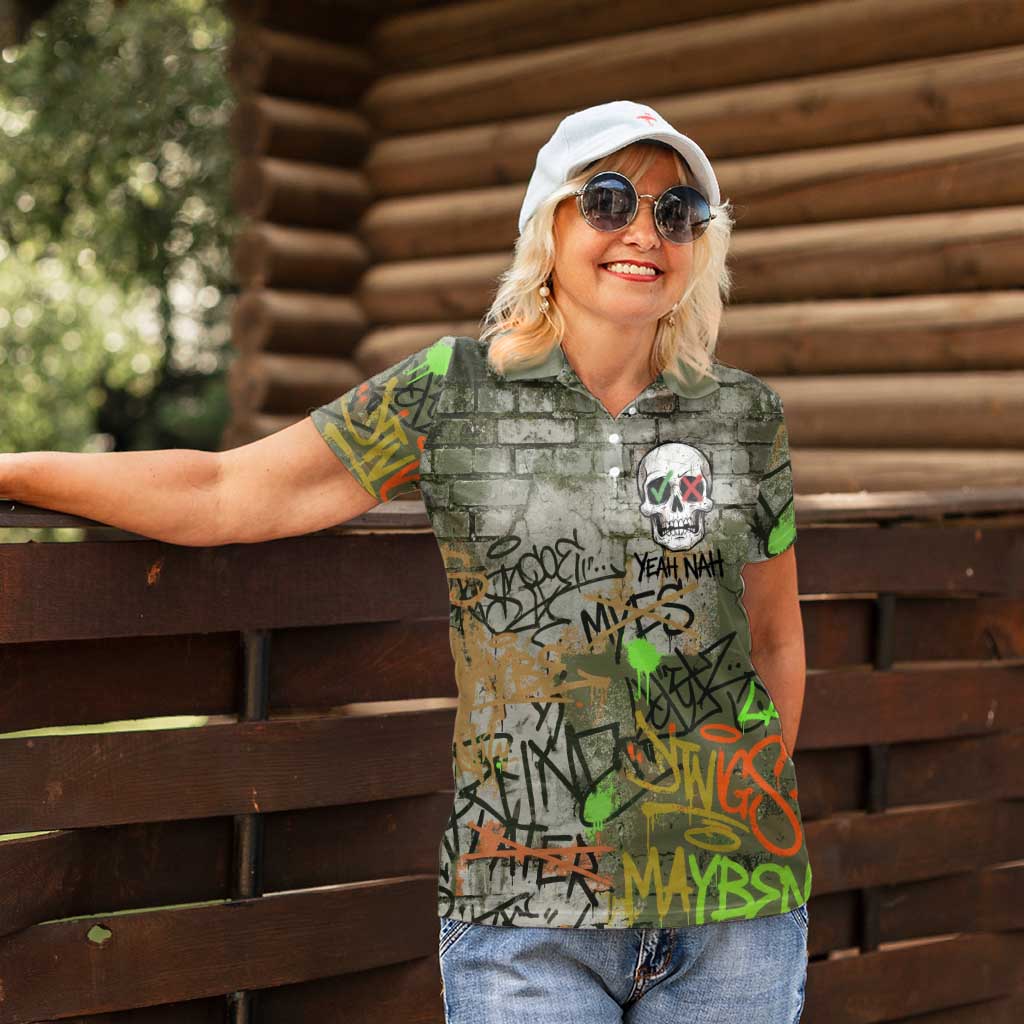 Yeah Nah Graffiti Skull New Zealand Slang Women Polo Shirt Kiwi Grunge Brick Wall and Bold Urban Street Art