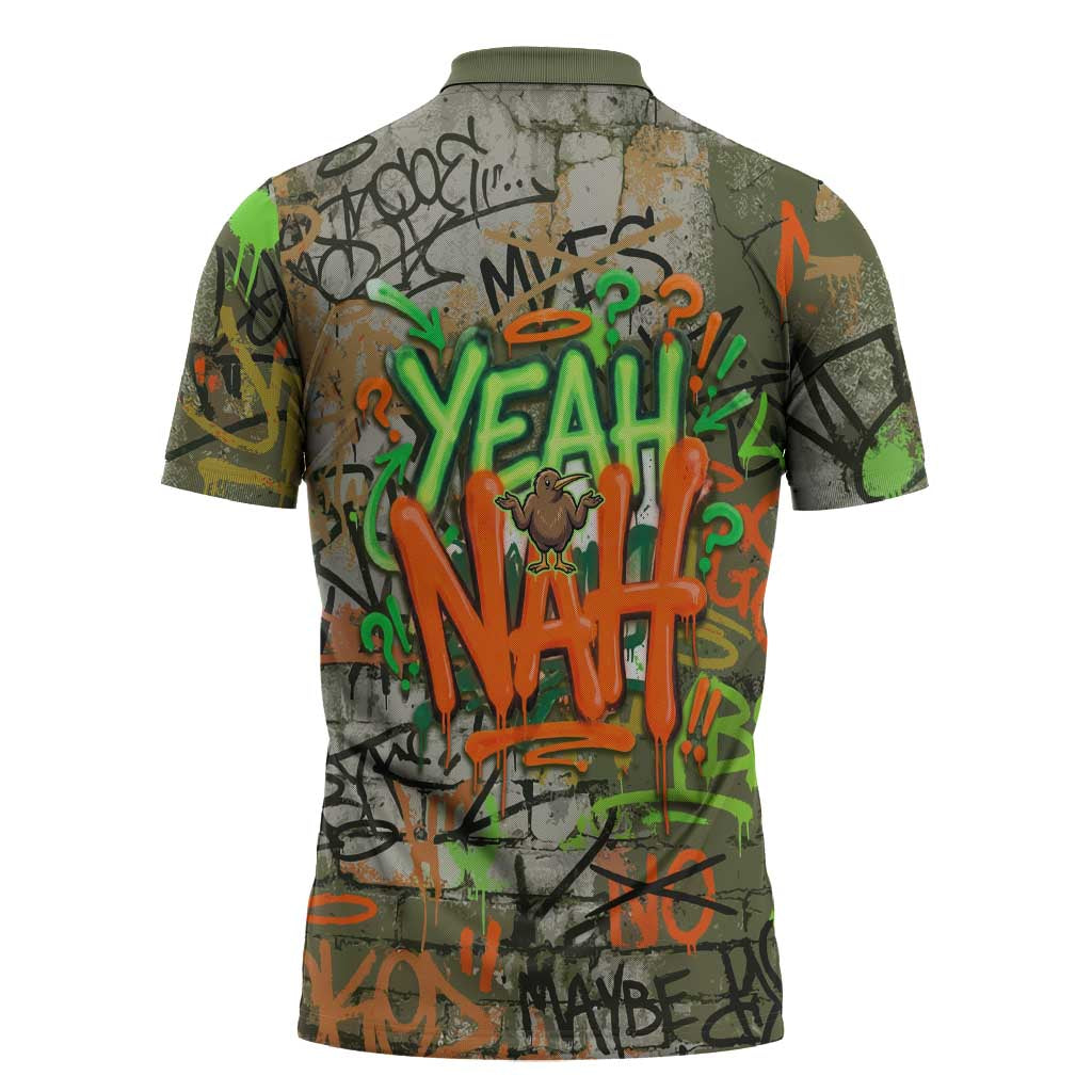 Yeah Nah Graffiti Skull New Zealand Slang Zipper Polo Shirt Kiwi Grunge Brick Wall and Bold Urban Street Art