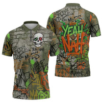 Yeah Nah Graffiti Skull New Zealand Slang Zipper Polo Shirt Kiwi Grunge Brick Wall and Bold Urban Street Art