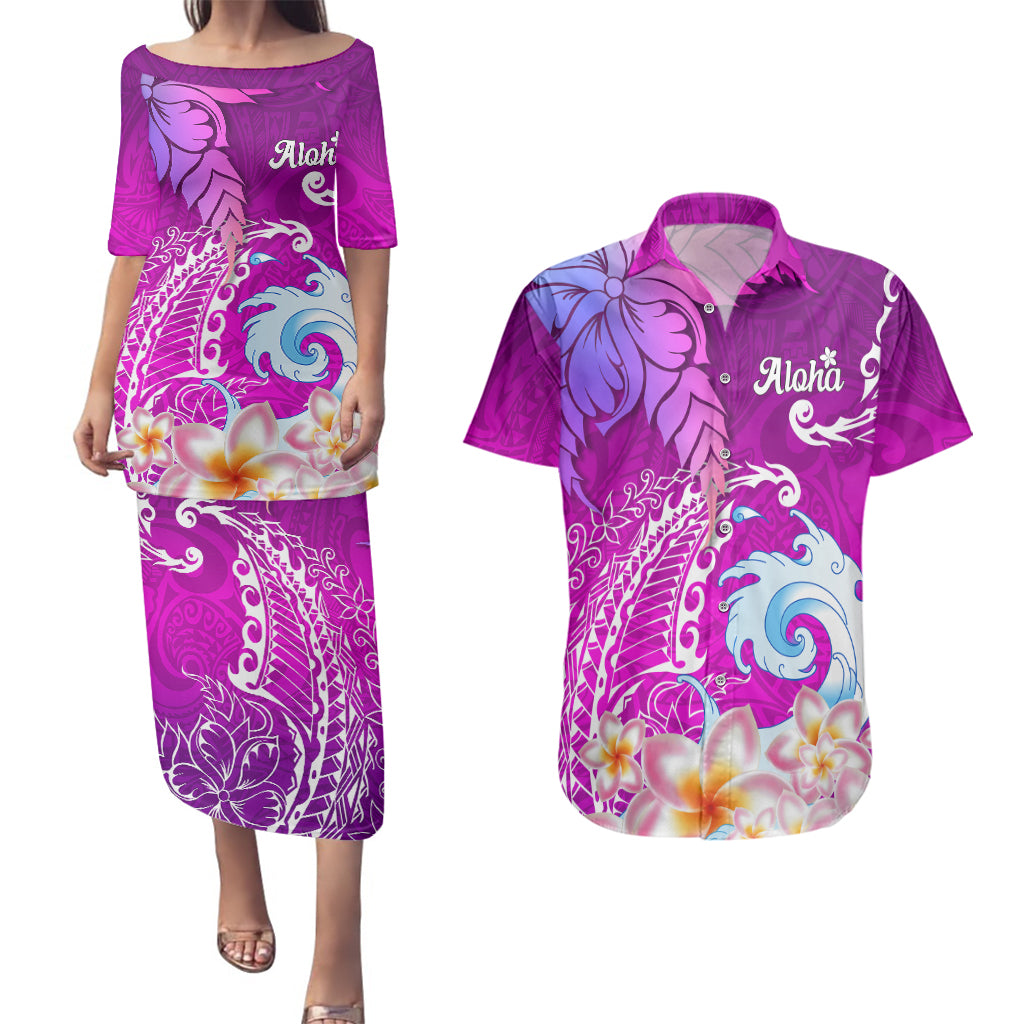Hawaii Plumeria Flower Couples Matching Puletasi Dress and Hawaiian Shirt Plumeria FLowers And Polynesian Pattern TS04 Gradient - Polynesian Pride