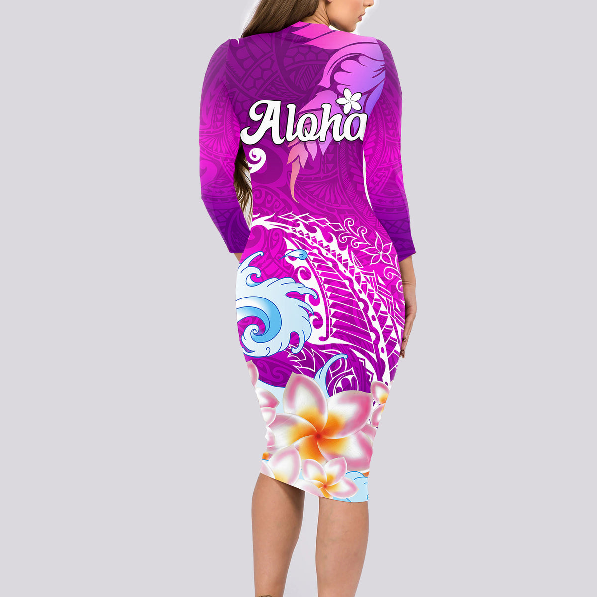 Hawaii Plumeria Flower Long Sleeve Bodycon Dress Plumeria FLowers And Polynesian Pattern TS04 - Polynesian Pride