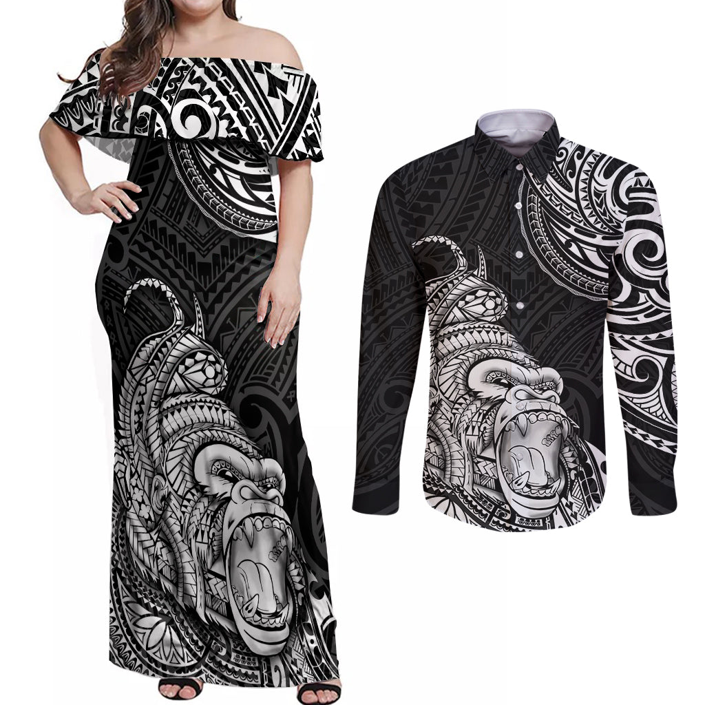 Hawaii Polynesian Couples Matching Off Shoulder Maxi Dress and Long Sleeve Button Shirts Gorila Tatoo Polynesian Style TS04 Black - Polynesian Pride